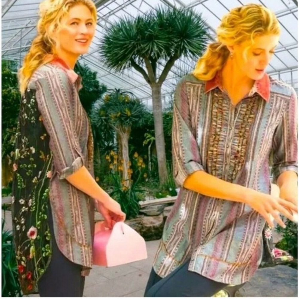 Soft Surroundings Blouse Button Down Shirt Boho Floral sheer back Elena topper - Picture 7 of 7